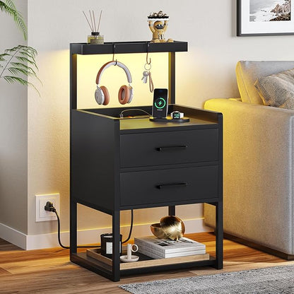 VIAGDO Nightstands Set of 2 with Charging Station, LED Night Stand with 2 Drawers, Black Modern Bedside Tables with Open Storage Shelves, End Side Tables for Bedroom, Office