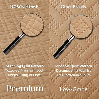 King Quilt Set with Shams Lightweight Quilted Bedspread Coverlet Thin Comforter Bed Cover Vintage Washed Quilted Blanket for All Season, Brushed Microfiber Diamond Stitching, Brown, 104"x92"