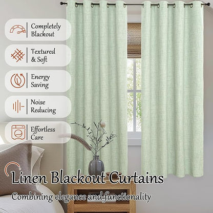 Sage Green Blackout Curtains for Bedroom - Linen Curtains 72 Inch Length Thermal Insulated Privacy Burlap Boho Window Drapes for Living Room Scandi Farmhouse Dining, 2 Panels, Each 52" Wide