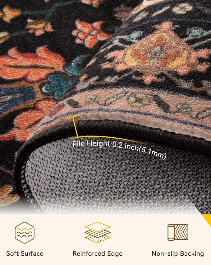 Area Rugs 4'x5' Washable Non-Slip, Floral Vintage Distress Print Pattern Medallion Carpet for Living Room Bedroom Dining Room, Black Colorful Floral Dark Tan