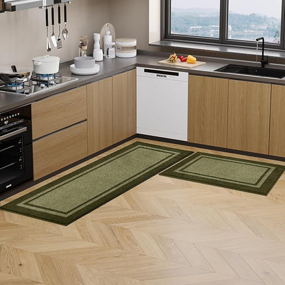 Kitchen Rugs Set (24" x 36"+24" x 60"), Non-Slip Machine Washable Kitchen Runner Rugs, Absorbent Comfort Standing Mats for Kitchen, Laundry and Hallway, Rolled Packaging, Budding Green & Sage Green