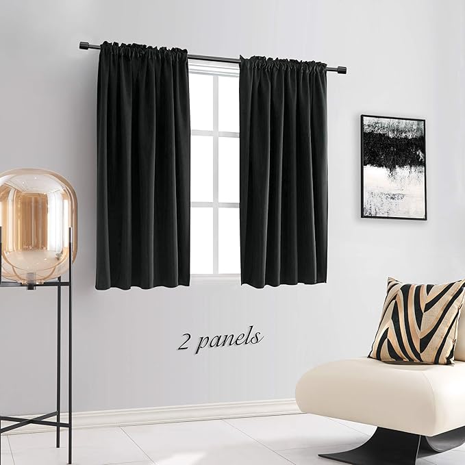 DONREN 99% Blackout Curtain Drapes for Bedroom - Thermal Insulating Rod Pocket Curtain Panels for Small Windows(42 x 45 Inch,Set of 2 Panels,Black)