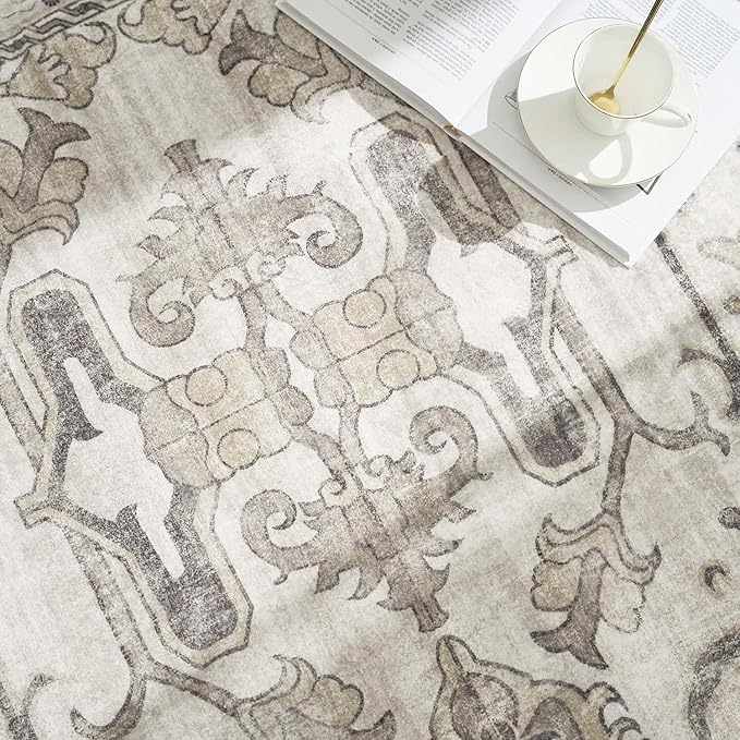 jinchan Round Rug 8ft Area Rug Vintage Floor Mat Kitchen Indoor Ultra-Thin Soft Floral Print Washable Circle 8' Accent for Farmhouse Non Slip Dining Room Living Room Bedroom Office Taupe