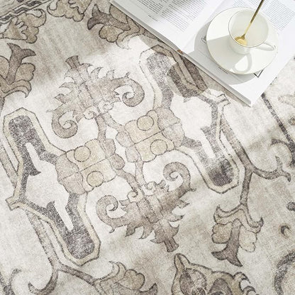 jinchan Round Rug 6ft Area Rug Vintage Floor Mat Kitchen Indoor Ultra-Thin Soft Floral Print Washable Circle 6' Accent for Farmhouse Non Slip Dining Room Living Room Bedroom Office Taupe