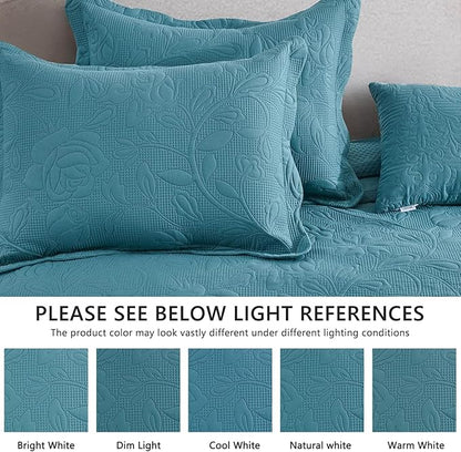 CHIXIN Bedspread Coverlet Quilt Set Full Size - Lightweight Bedding Cover - Ultrasonic Quilting - 5 Piece Reversible Bedspread - Vintage Rose Pattern (Full, Lagoon)