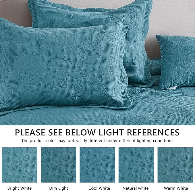 CHIXIN Oversized Bedspread Coverlet Set King Size - Lightweight Bedding Cover - Ultrasonic Quilting - 5 Piece Reversible Bedspread - Vintage Rose Pattern (King, Lagoon)