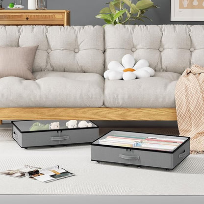 Under Bed Storage with Wheels, No Assemble Required 5.5 inches height grey under bed storage bins,Low Profile Rolling Underbed Shoe Storage containers，dorm underbed storage drawers