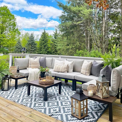 Sophia & William 6 Pieces Patio Furniture Set, Outdoor Metal Sectional Sofa, Patio Conversation Set-2 x Single Sofa with Side Table,1 x Loveseat,2 x Single Couch,1 x Tea Table(Beige Grey)