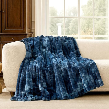 Cozy Bliss Faux Fur Throw Blanket for Couch, Cozy Warm Plush Striped Blanket for Sofa Bedroom Living Room, 50 * 60 Inches Tie-dye Blue
