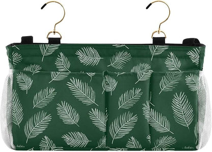 Bedside Caddy Hanging Bunk Bed Caddy Bed Organizer Hanging Pocket with 2 Hooks Bedside Storage Organizer Pocket Bag Holder Green Simple Palm Leaf