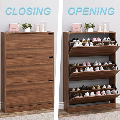 Shoe Cabinet with 3 Flip Drawers, Slim Narrow Shoe Storage Cabinet, Freestanding Shoe Organizer with Adjustable & Removable Shelves, Top Display Shelf for Entryway, Hallway, Foyer, Closet