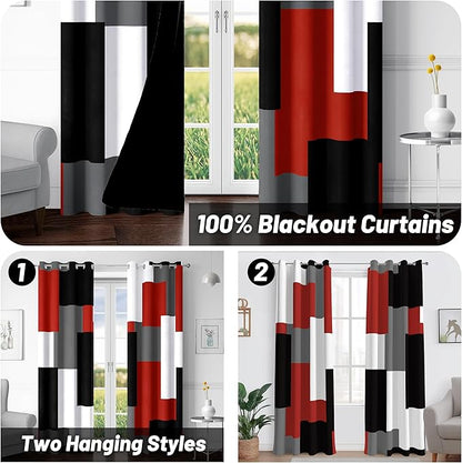 Red Black 100% Blackout Curtains for Bedroom 72 inch Length 2 Panels Set White Grey Modern Abstract Geometric Black Out Curtains Insulated Room Darkening Window Drapes for Living Room, 52Wx72L