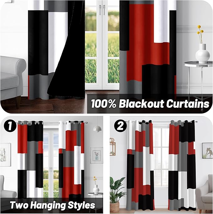 Red Black 100% Blackout Curtains for Bedroom 108 inch Extra Long 2 Panels Set White Grey Modern Abstract Geometric Black Out Curtains Room Darkening Window Drapes for Living Room, 52Wx108L