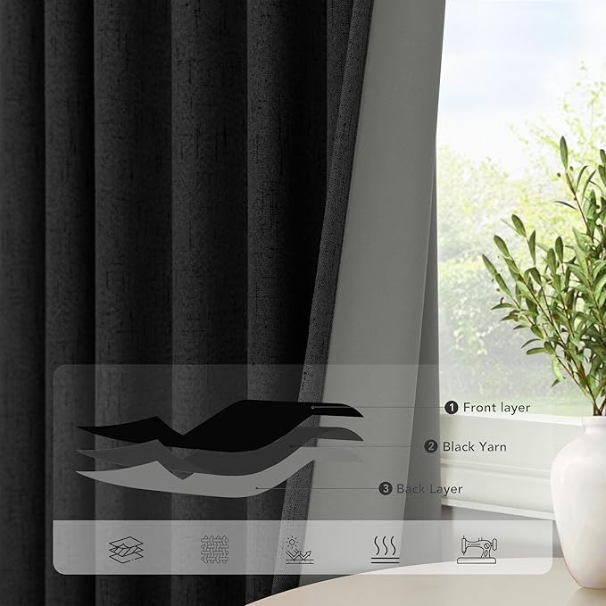 Black Curtains 84 Inches Long for Bedroom 2 Panel Set Linen Textured Total Blackout Thermal Insulated Darkening Dark Curtains Black Out Shades for Living Room Floor Length Window Drape Back Tab Pocket