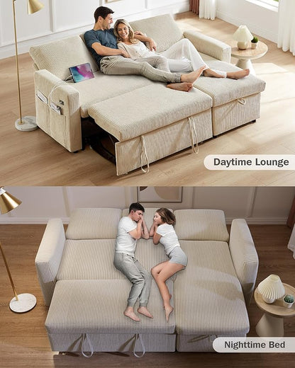 Vipbear 80" Sectional Sleeper Sofa Bed with Pull Out Bed, L Shaped Couch Pull Out Couch with Reclining Backrest, Reversible Storage Chaise, USB Ports, Tool-Free Assembly, Corduroy Beige Color
