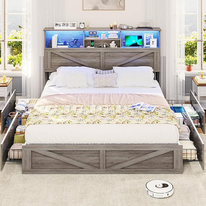 VIAGDO Farmhouse Bed Frame Queen Size with Bookcase Storage Headboard, Charging Station and LED Lights, Wooden Queen Bed Frame with 4 Drawers, Barn Door Design, No Box Spring Needed, No Noise, Grey
