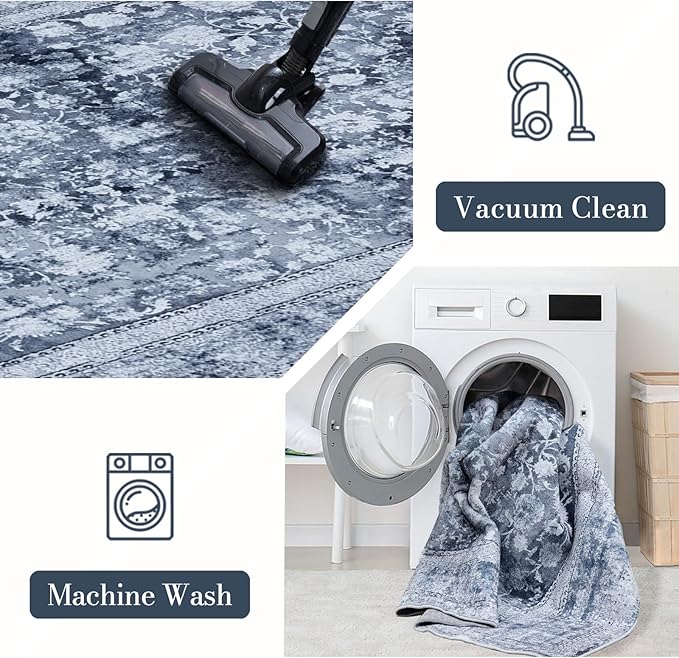 Area Rug 8×10, Large Vintage Boho Rug,Ultra-Soft Low Pile, Washable, Non Slip,Stain Resistant, Printed Carpet for Living Room Bedrooms Playroom Office Kitchen, Stone/Blue