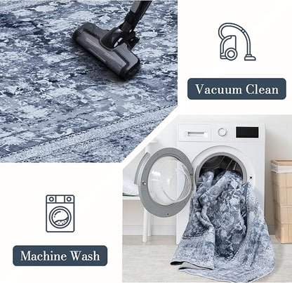 Area Rug 8×10, Large Vintage Boho Rug,Ultra-Soft Low Pile, Washable, Non Slip,Stain Resistant, Printed Carpet for Living Room Bedrooms Playroom Office Kitchen, Stone/Blue