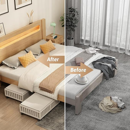 Bamboo Under Bed Storage Containers with Wheels, 2 Pack Under the Bed Shoe Storage Bins, Wood Rolling Underbed Drawers Organizer for Bedroom, Closet, Clothes Blanket Comforter and Under Crib Toy White
