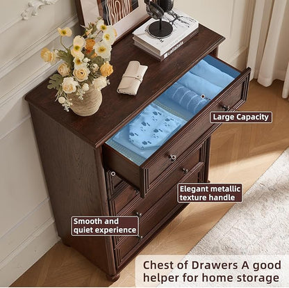 Farmhouse 5 Drawers Dresser for Bedroom, Wood 45" Tall Chest of Drawers, Dresser Rustic Storage Dressers Organizer with Metal Handle Closet for Living Room, Hallway Entryway(Walnut)