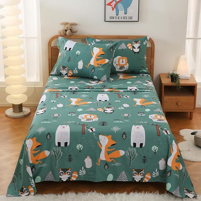 JSD Green Forest Animals Kids Sheet Set Twin Size, 3 Piece Woodland Printed Microfiber Bed Sheets Deep Pocket
