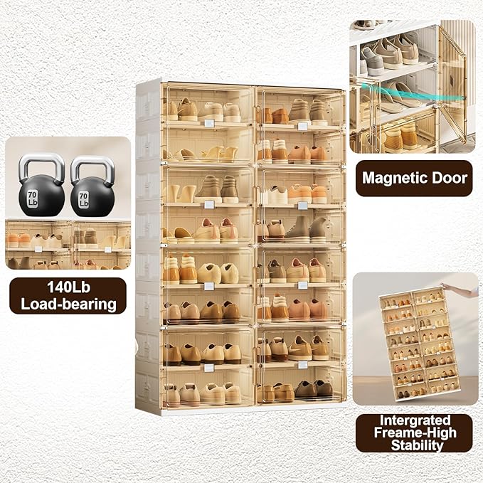 40 Pairs Shoes Storage Cabinet of 3-Step Fast Installation,Plastic Shoe Rack with Clear Magnetic Door for Display，Foldable Shoe Organizer for Entryway, Living Room, Garage (2 Row, 10 Tier)