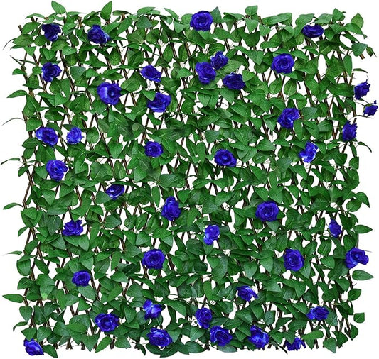Sumery Expandable Fence Privacy Screen for Balcony Patio Outdoor,Decorative Faux Ivy Fencing Panel,Artificial Hedges (Single Sided Leaves) (4, Blue Flowers)