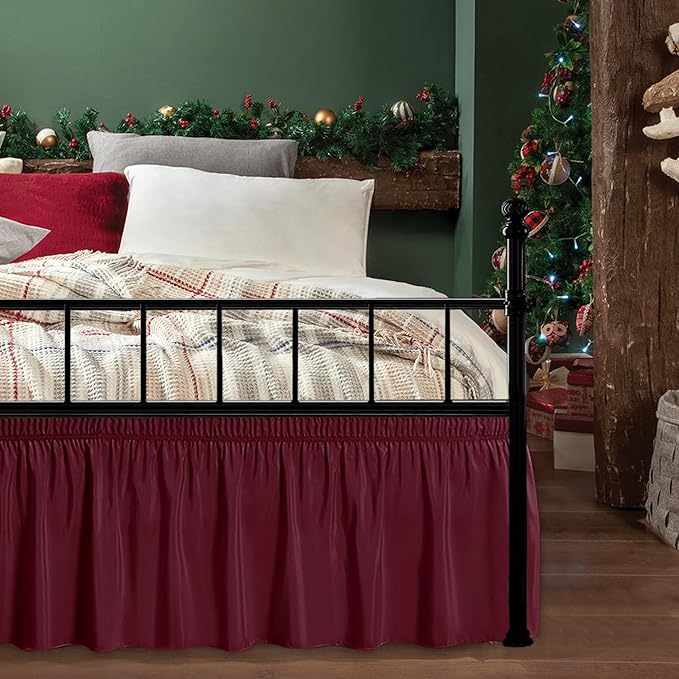 Biscaynebay Wrap Around Bed Skirts with Split Corners for King Beds 14" Drop, Burgundy Elastic Dust Ruffles Adjustable Easy Fit Wrinkle & Fade Resistant Silky Luxurious Fabric Machine Washable