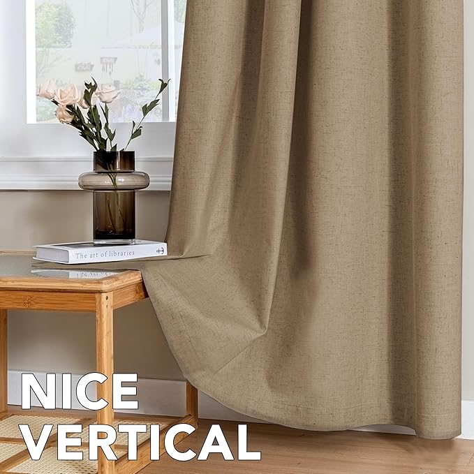 H.VERSAILTEX Linen Curtains 100% Blackout Curtains for Bedroom 63 inch Long Full Light Blocking Nature Linen Blended Window Curtains for Living Room Nickel Grommet (2 Panels, Heathered Macchiato)
