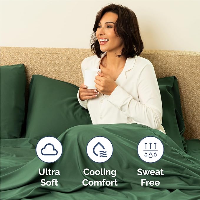 Twin 4 Piece Sheet Set - Cooling, Comfy & Breathable - Hotel Luxury Bedding, Includes Fitted Sheet for Women, Men, Kids and Teens - 1 Flat, 1 Fitted Sheet, 2 Pillowcases with Deep Pockets - Emerald