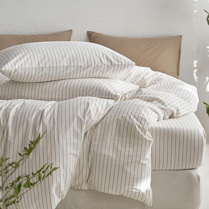 MooMee Striped Duvet Cover Set 100% Washed Cotton Linen Like Textured Breathable Durable Soft Comfy (White Tannish Linen Grey Wide Stripes, Oversized Queen 98"x98")
