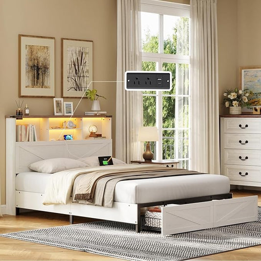 Full Size Bed Frame with Bookshelf, High Headboard with Charging Station and LED Light, Farmhouse Bed with Storage Drawers, No Box Spring Needed, Noise Free, Easy Assembly, Antique White