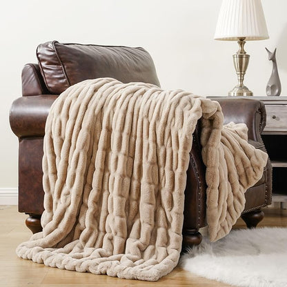 BATTILO HOME Luxury Faux Fur Throw Blanket for Couch, Cozy Plush Soft Blanket for Women, Double Side Ruched Rabbit Fur Blanket for Living Room, 50x60 Inches