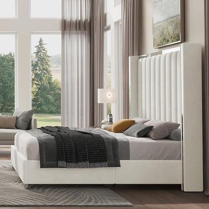 Jocisland King Size Bed Frame with 58" Tall Headboard, Platform Velvet Upholstered Bed with Channel Tufted Wingback Headboard and Plating Trim, No Box Spring Needed, Cream