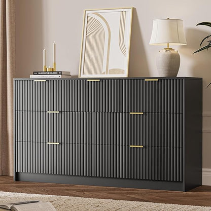 Black 7 Drawer Dresser for Bedroom, 55.9" Wide Modern Fluted Dresser with Gold Metal Handles, Wide Chest of Drawers for Bedroom, Living Room, Entryway, Hallway