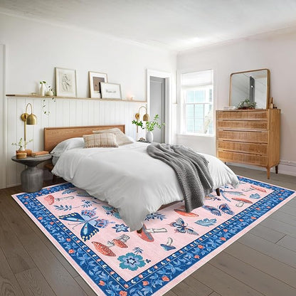 Mushroom Insect 8x10 Area Rugs, Washable Rugs for Living Room Non Slip Stain Resistant Low Pile Modern Butterfly Carpet for Bedroom Dining Room Nursery Playroom Office, Blue Pink