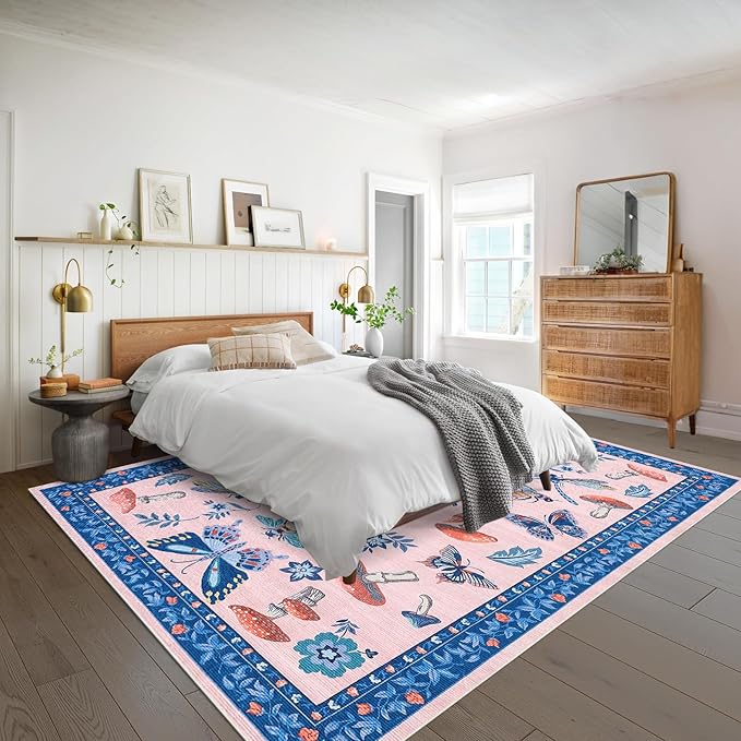 Mushroom Insect Washable Rug 5x7 Area Rugs for Bedroom Non Slip with Rubber Back Low Pile Stain Resistant Modern Butterfly Carpet for Living Room Nursery Kitchen Dining Room Blue Pink