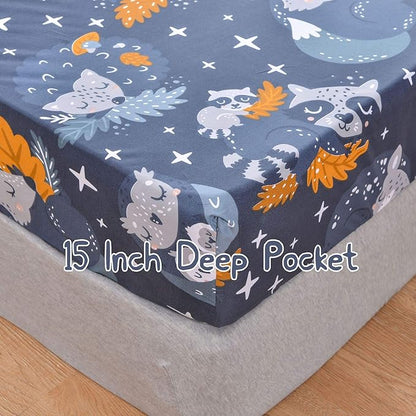 JSD Navy Blue Owl Kids Sheet Set Full Size, 4 Piece Forest Animals Printed Microfiber Bed Sheets Deep Pocket