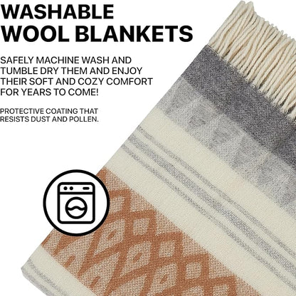 | Wool Blanket/Throw | 100% New Zealand Wool | Perfect for Home and Outdoors | Virgin Wool Throw with Fringes 75"x87" (190 x 220 cm)