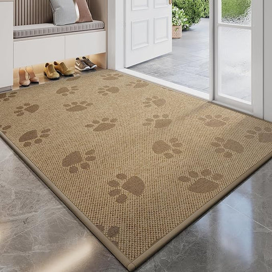 Door Mat Indoor Entrance 17"x30", 0.16" Thin Paw Print Low Pile Doormat, Non Slip Welcome Mat, Trap Dirt and Moisture, Easy Clean, Brown
