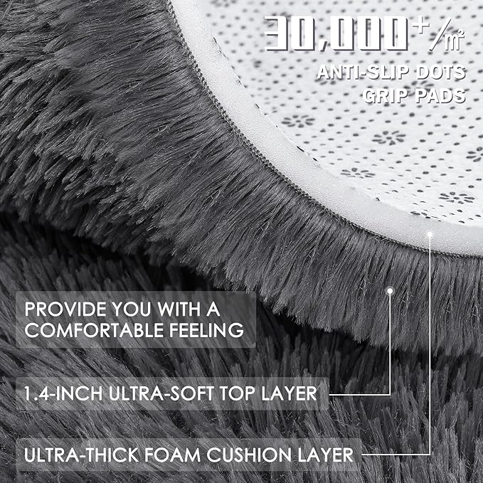 OLANLY Grey Round Rugs for Bedroom - Machine Washable, 8 ft Circle Area Rugs for Living Room, Soft and Fluffy Shaggy Carpet for Teen Girls and Boys, Nursery Rooms, Dorms, Home Decor Aesthetic