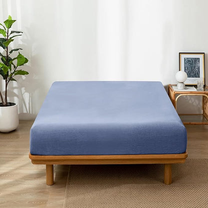 MooMee Fitted Bottom Sheet Only 100% Washed Cotton Linen Like Textured Breathable Durable Soft Comfy Deep Pocket Fits Mattress up to 17" (Blue, Twin)