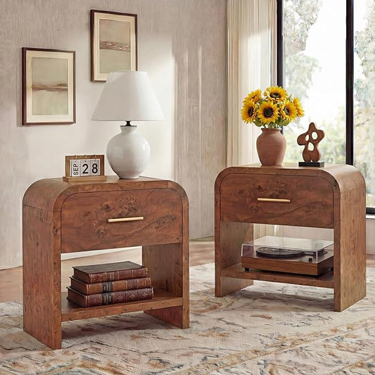 Night Stand Set of 2 [Unique Curved Profile] [FSC-Certified Wooden Board] 1-Drawer and 1 Storage Shelf Nightstand 24" H Metal Handle Modern Bedside Table Side Table End Table