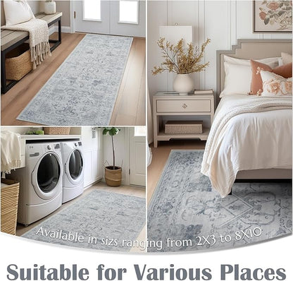 jinchan 8x10 Area Rugs for Living Room Washable Soft Throw Rug Ultra-Thin Stain Resistant Non-Slip Distressed Vintage Floral Large Carpet for Bedroom,Dining Room,Home Office,Nursery (8x10ft,Grey)