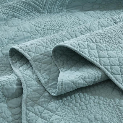 MarCielo 100% Cotton Quilt Set - 3-Piece Embroidered Farmhouse Bedspread & Shams, All-Season Breathable Bedding (Tf Aruba Blue, Queen)