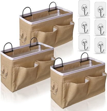 Kanrichu 3pcs Middle Wall Hanging Organizer Bag, Linen Fabric Door Hanging Storage Basket with Pockets, Waterproof Bin for Kitchen, Bedroom, Office, RV Camper (Khaki)