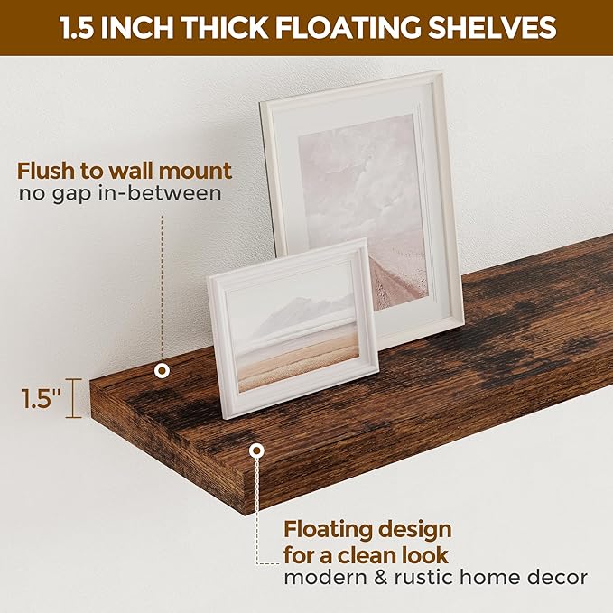 32 Inch Floating Shelves, Wall-Mounted Bathroom Shelves Set of 2, 9.3 Inch Deep Floating Shelf Bookshelf for Living Room, Bedroom, Heavy-Duty Deep Storage Shelf for Wall, Rustic Brown Color