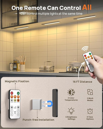 Under Cabinet Lighting Wireless,16 inch LED Motion Sensor Light Indoor, USB Rechargeable Closet Lights with Remote Control, 3 Color Temps Under Counter Lights for Kitchen, Wardrobe, Stairs, 4 Pack