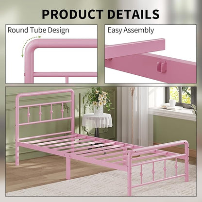 12 Inch Twin XL Bed Frames with Headboard and Footboard, Heavy Duty XL Twin Metal Mattress Foundation No Box Spring Needed, Noise Free, Easy Assembly, Pink