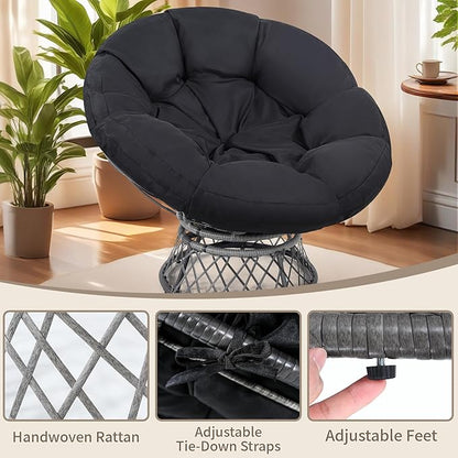 46" Giant Oversized Rattan Papasan Chair with Cushion and Frame for Adults, Fluid 360° Swivel, Waterproof, Grey Frame with Black Cushion